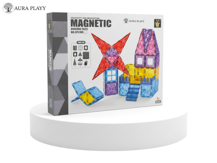 AURA PLAYY™ Magnetic Building Tiles – 55 Piece Starter Set | Strong Magnets, Colorful Translucent Blocks, STEM Learning, Creative Play for Kids Ages 3+