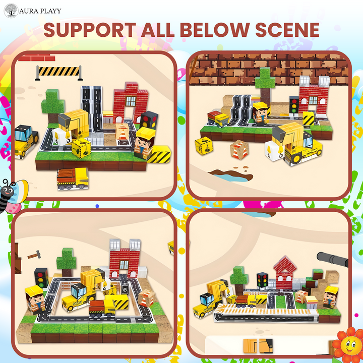 AURA PLAYY™ Magnetic Building Blocks for Kids – 100-Piece Construction World Set Strong Magnets • 3D Creative Play • STEM Learning • Open-Ended Building • Ages 3+