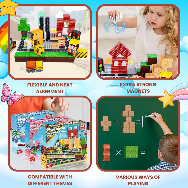 AURA PLAYY™ Magnetic Building Blocks for Kids – 100-Piece Construction World Set Strong Magnets • 3D Creative Play • STEM Learning • Open-Ended Building • Ages 3+