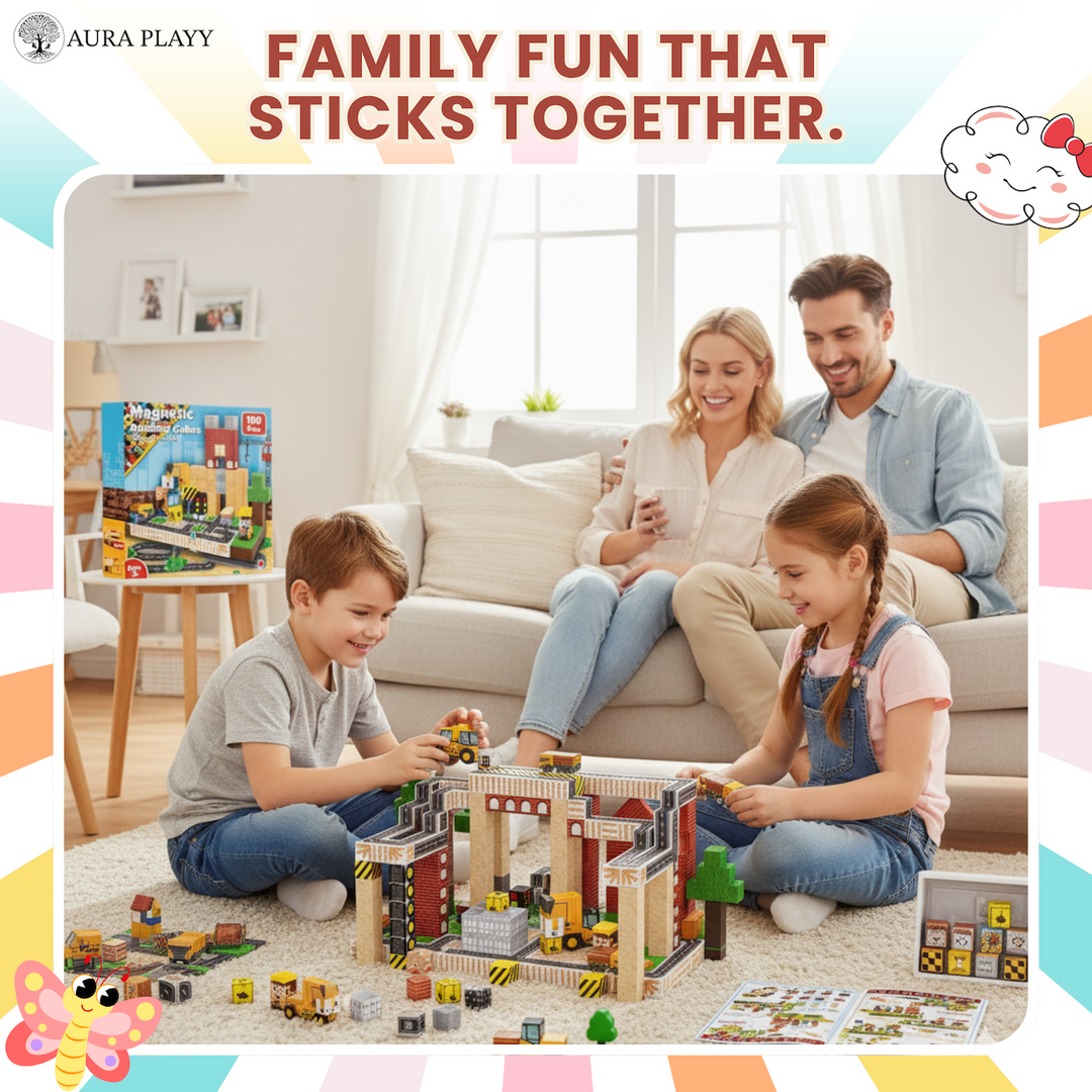 AURA PLAYY™ Magnetic Building Blocks for Kids – 100-Piece Construction World Set Strong Magnets • 3D Creative Play • STEM Learning • Open-Ended Building • Ages 3+