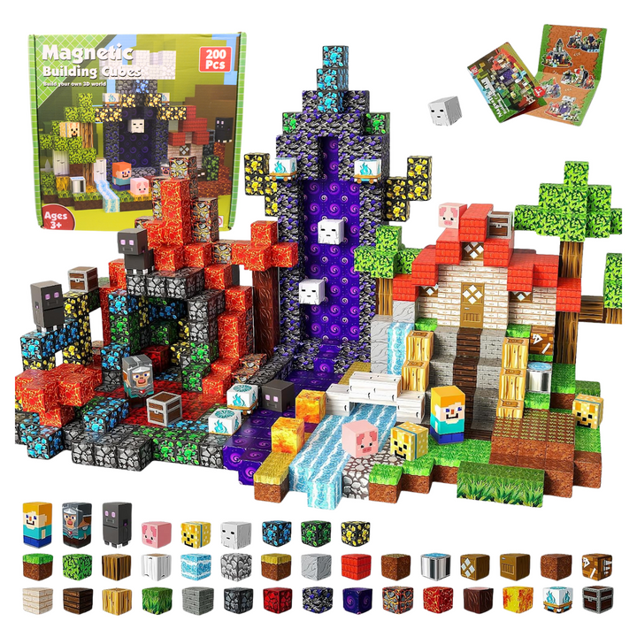 AURA PLAYY™ Magnetic Building Blocks for Kids – 200-Piece 3D Creative World Construction Set Strong Magnets • STEM Learning • Fantasy Terrain • Open-Ended Creativity • Ages 3+