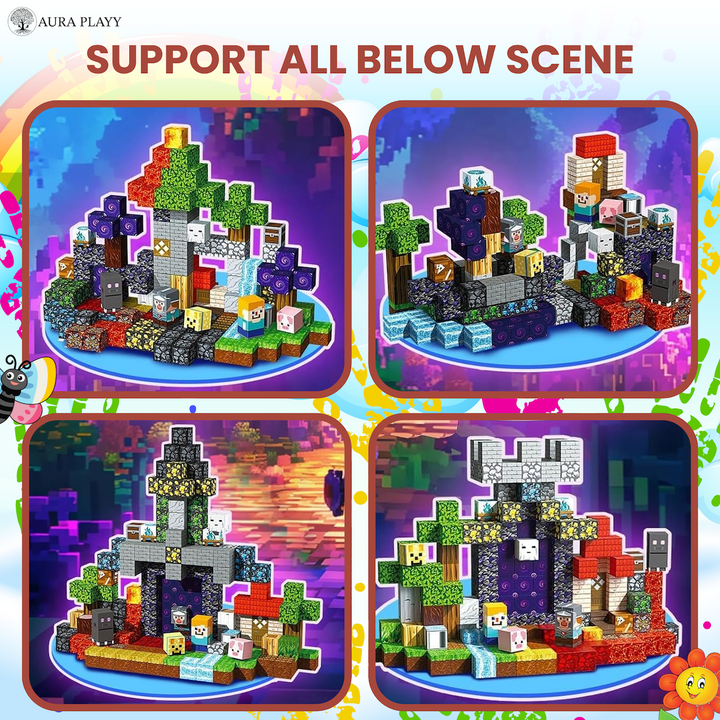 AURA PLAYY™ Magnetic Building Blocks for Kids – 200-Piece 3D Creative World Construction Set Strong Magnets • STEM Learning • Fantasy Terrain • Open-Ended Creativity • Ages 3+