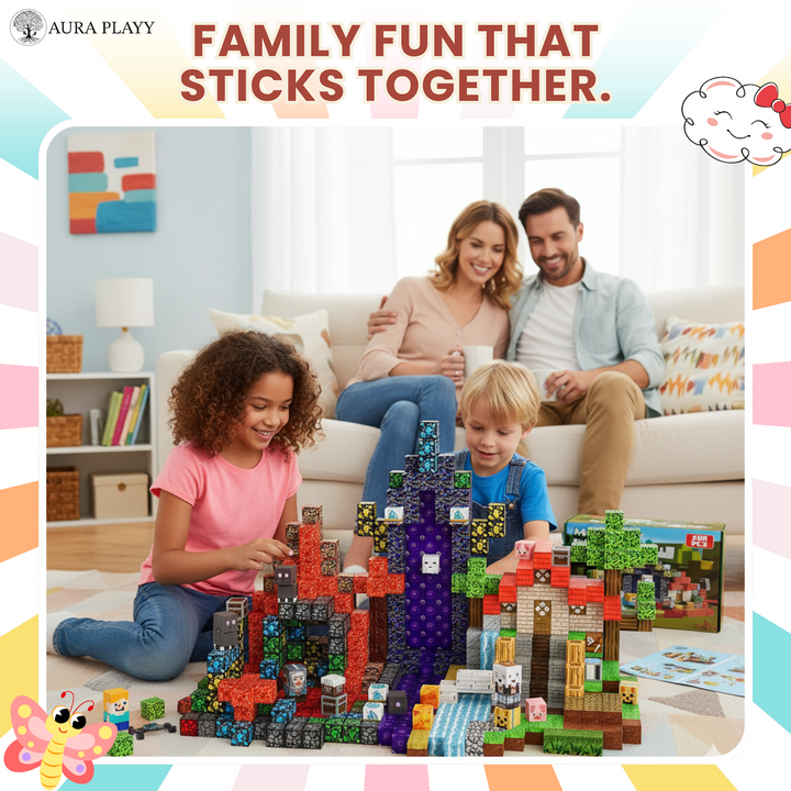 AURA PLAYY™ Magnetic Building Blocks for Kids – 200-Piece 3D Creative World Construction Set Strong Magnets • STEM Learning • Fantasy Terrain • Open-Ended Creativity • Ages 3+