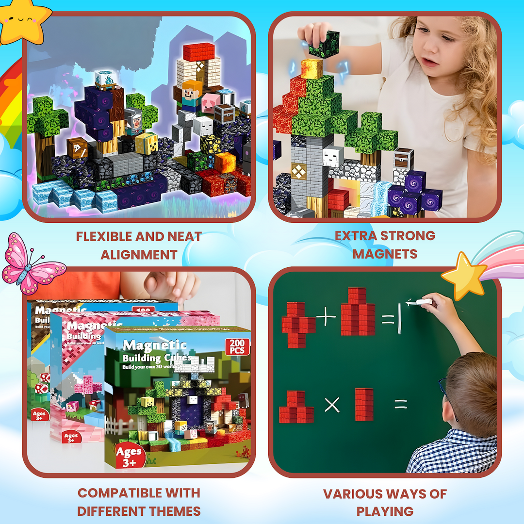 AURA PLAYY™ Magnetic Building Blocks for Kids – 200-Piece 3D Creative World Construction Set Strong Magnets • STEM Learning • Fantasy Terrain • Open-Ended Creativity • Ages 3+