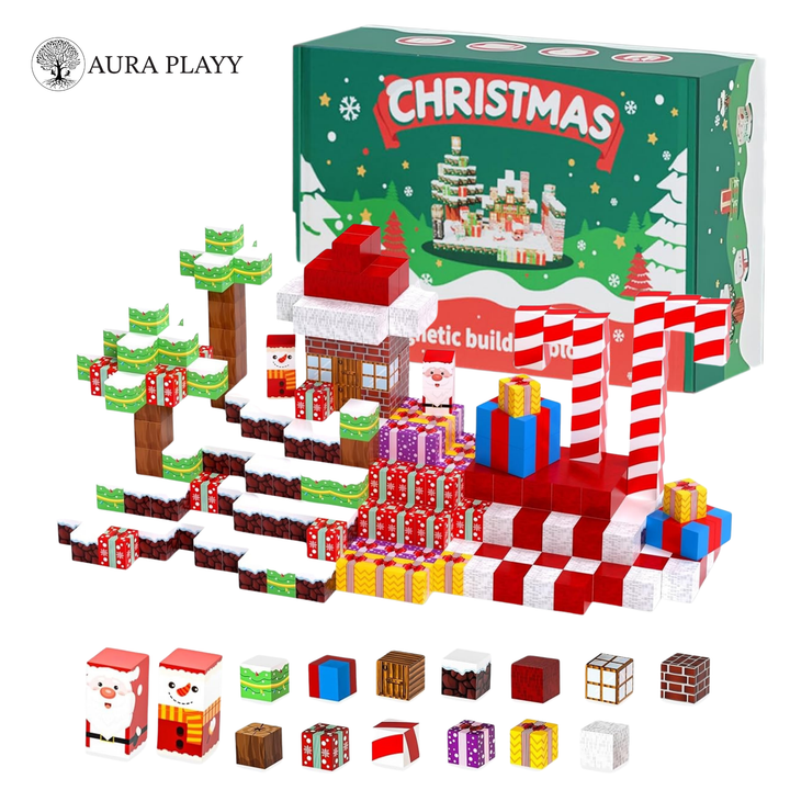 AURA PLAYY™ Christmas Magnetic Building Blocks – 60-Piece Holiday Village Set Strong Magnets • STEM Learning • Creative Imagination Play • Ages 3+