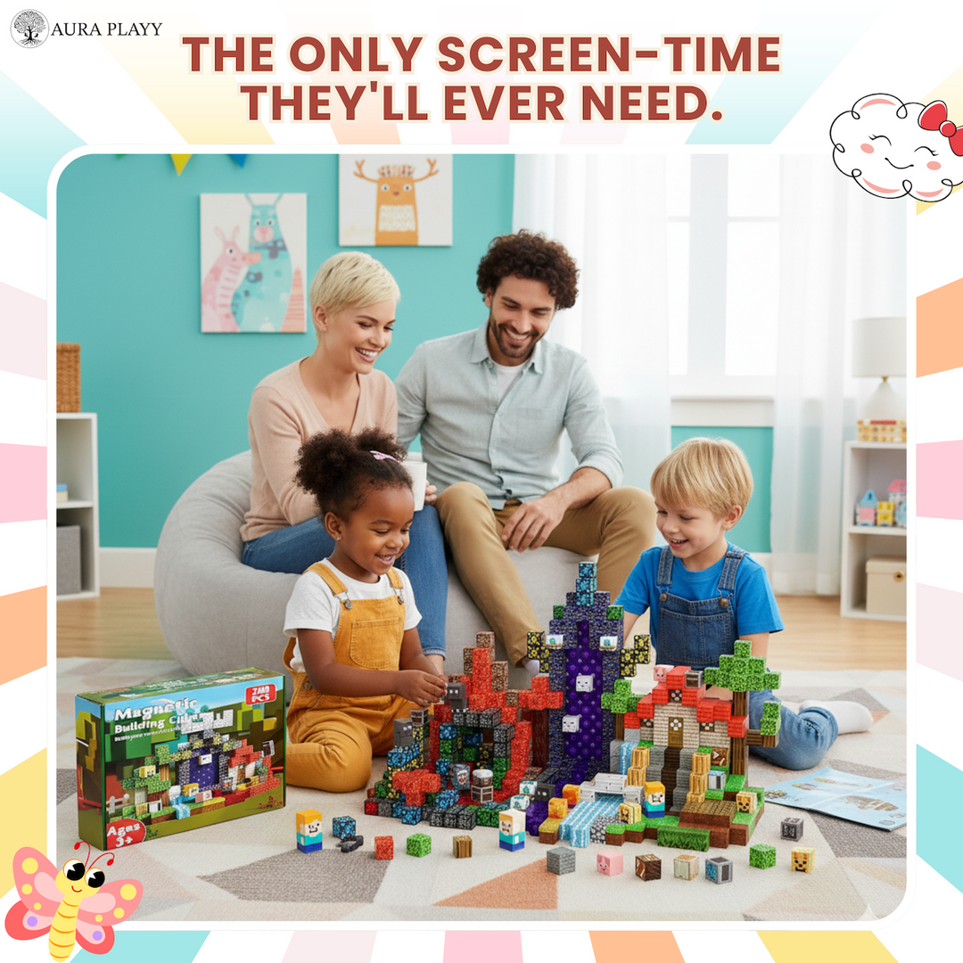 AURA PLAYY™ Magnetic Building Blocks for Kids – 200-Piece 3D Creative World Construction Set Strong Magnets • STEM Learning • Fantasy Terrain • Open-Ended Creativity • Ages 3+