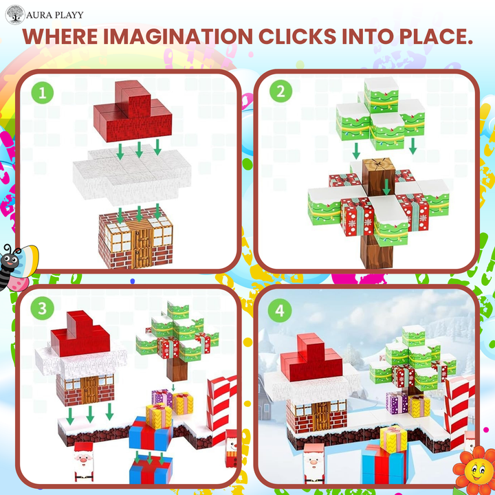 AURA PLAYY™ Christmas Magnetic Building Blocks – 60-Piece Holiday Village Set Strong Magnets • STEM Learning • Creative Imagination Play • Ages 3+