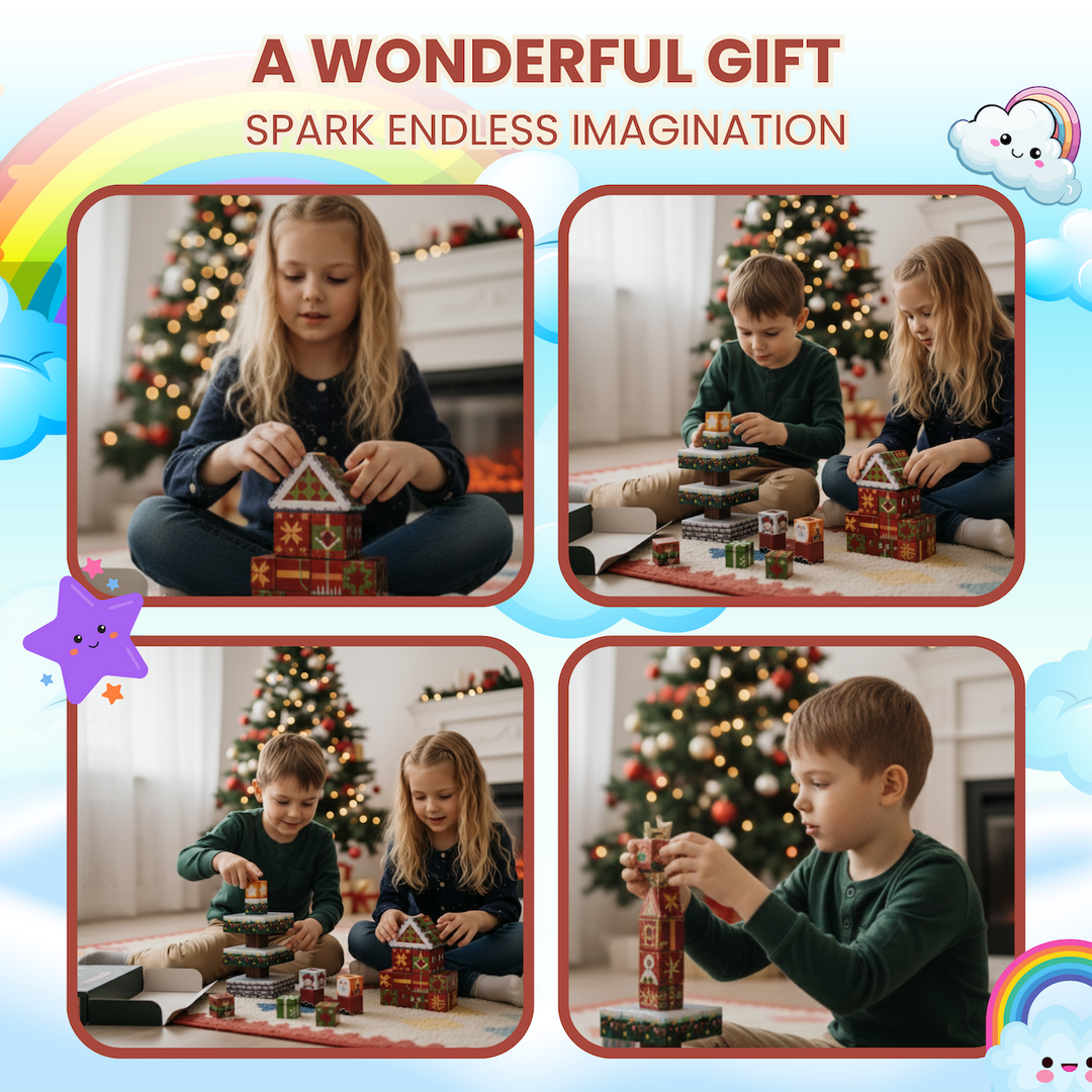 AURA PLAYY™ Christmas Magnetic Building Blocks – 60-Piece Holiday Village Set Strong Magnets • STEM Learning • Creative Imagination Play • Ages 3+
