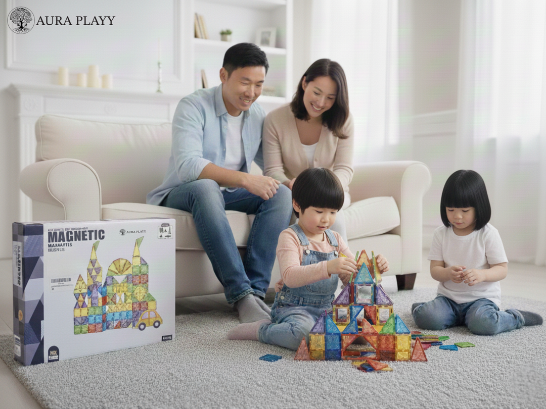AURA PLAYY™ Magnetic Building Tiles-140 Piece Deluxe Construction Set | Strong Magnets, Colorful Translucent Blocks, STEM Learning, Advanced Creative Play for Kids Ages 3+