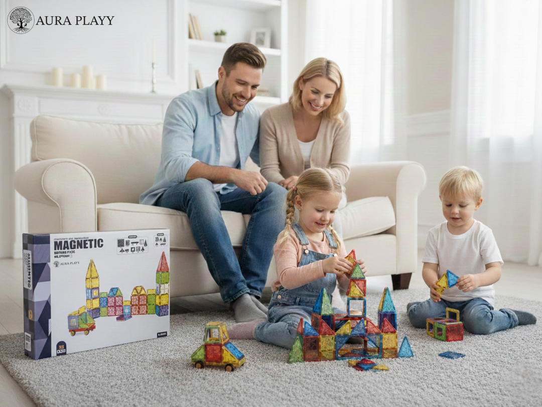 AURA PLAYY™ Magnetic Building Tiles – 55 Piece Starter Set | Strong Magnets, Colorful Translucent Blocks, STEM Learning, Creative Play for Kids Ages 3+