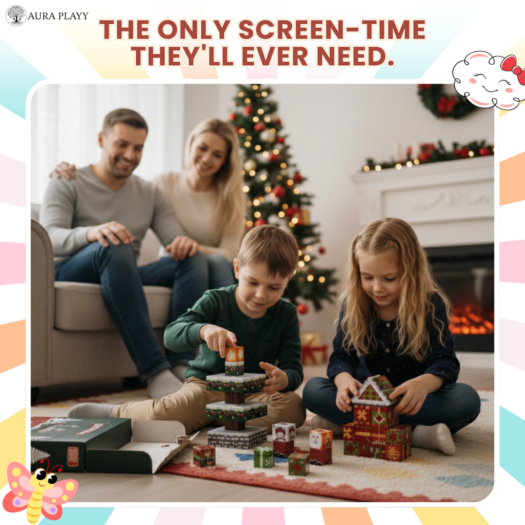AURA PLAYY™ Christmas Magnetic Building Blocks – 60-Piece Holiday Village Set Strong Magnets • STEM Learning • Creative Imagination Play • Ages 3+
