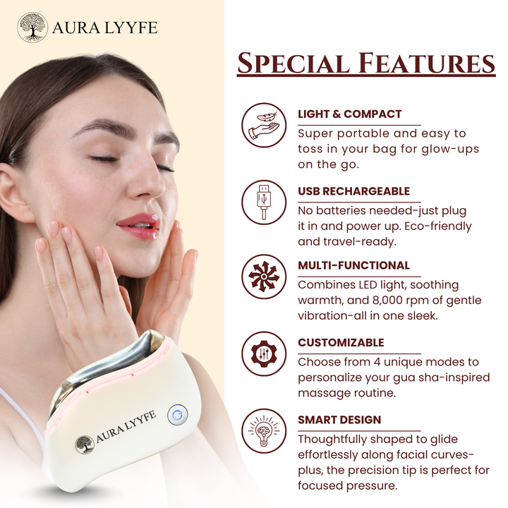 Aura Lyyfe™ Heated Gua Sha with Red Light & Micro-Vibration Ancient Ritual. Modern Glow. Elevated Wellness.