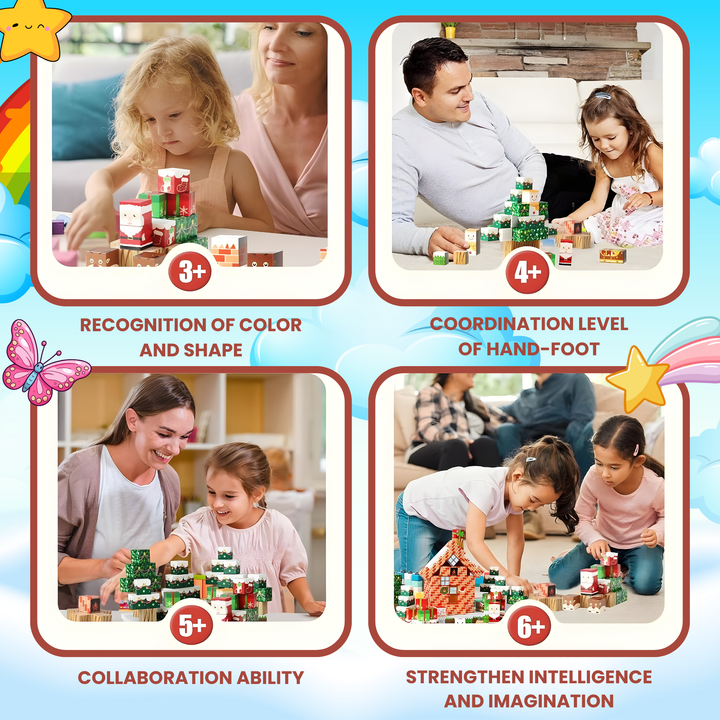 AURA PLAYY™ Christmas Magnetic Building Blocks – 60-Piece Holiday Village Set Strong Magnets • STEM Learning • Creative Imagination Play • Ages 3+