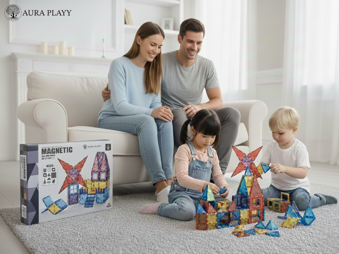 AURA PLAYY™ Magnetic Building Tiles – 55 Piece Starter Set | Strong Magnets, Colorful Translucent Blocks, STEM Learning, Creative Play for Kids Ages 3+
