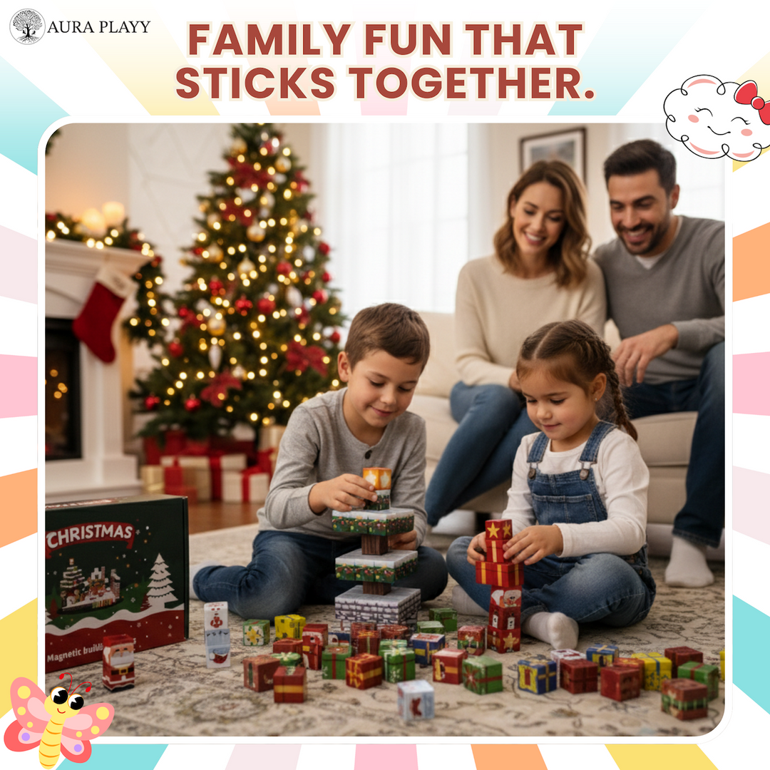 AURA PLAYY™ Christmas Magnetic Building Blocks – 60-Piece Holiday Village Set Strong Magnets • STEM Learning • Creative Imagination Play • Ages 3+