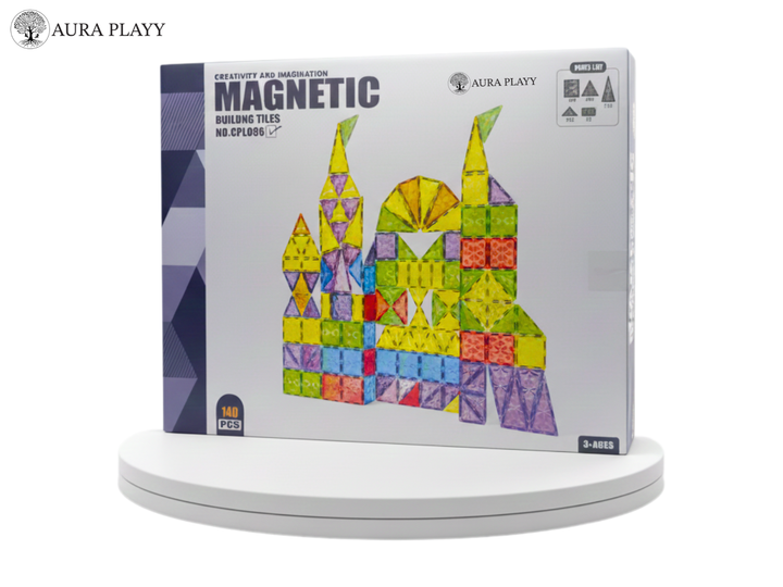 AURA PLAYY™ Magnetic Building Tiles-140 Piece Deluxe Construction Set | Strong Magnets, Colorful Translucent Blocks, STEM Learning, Advanced Creative Play for Kids Ages 3+