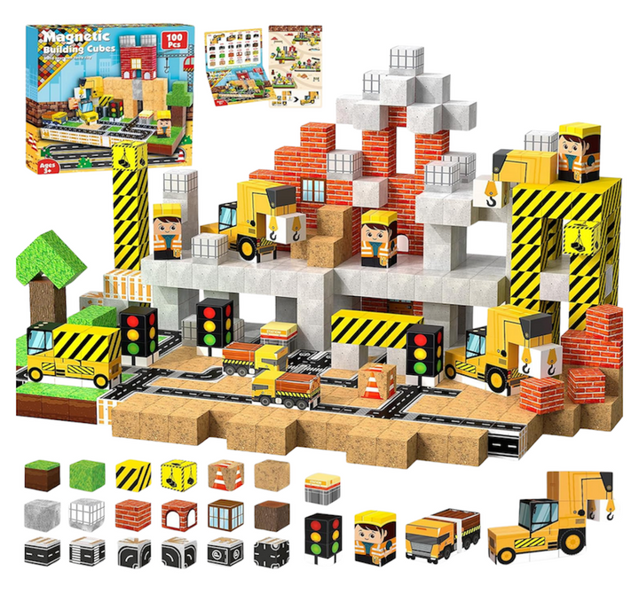 AURA PLAYY™ Magnetic Building Blocks for Kids – 100-Piece Construction World Set Strong Magnets • 3D Creative Play • STEM Learning • Open-Ended Building • Ages 3+