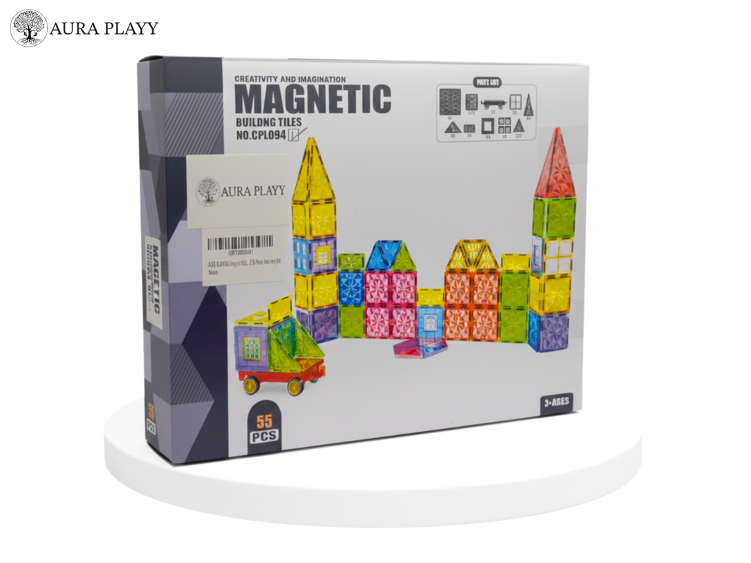 AURA PLAYY™ Magnetic Building Tiles – 55 Piece Starter Set | Strong Magnets, Colorful Translucent Blocks, STEM Learning, Creative Play for Kids Ages 3+