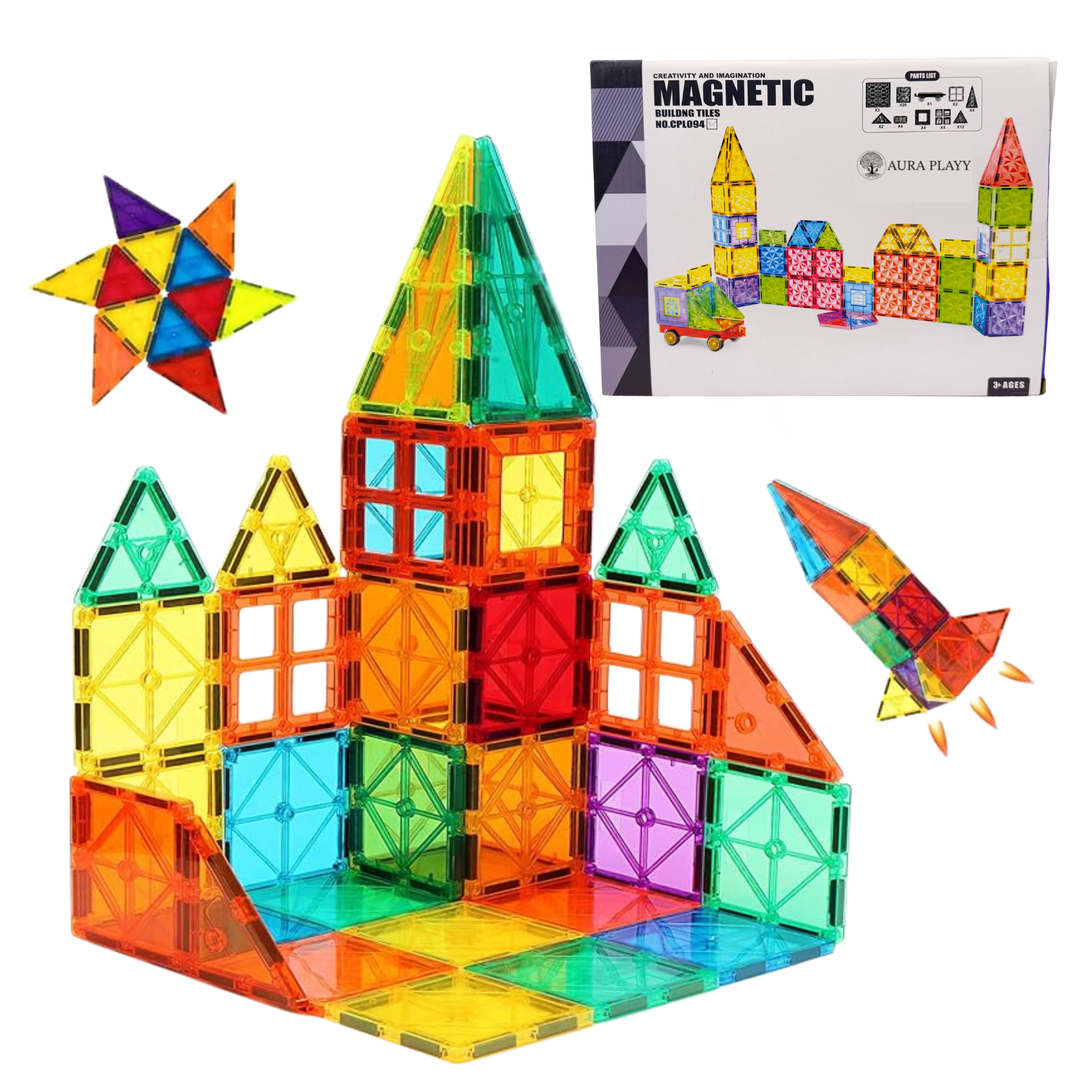 AURA PLAYY™ Magnetic Building Tiles – 55 Piece Starter Set | Strong Magnets, Colorful Translucent Blocks, STEM Learning, Creative Play for Kids Ages 3+