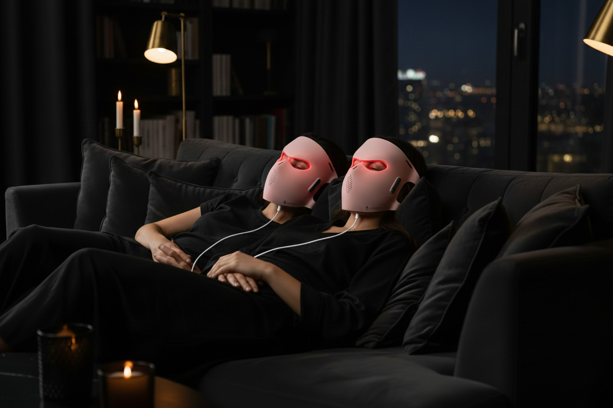 Couple with visible white cords on masks