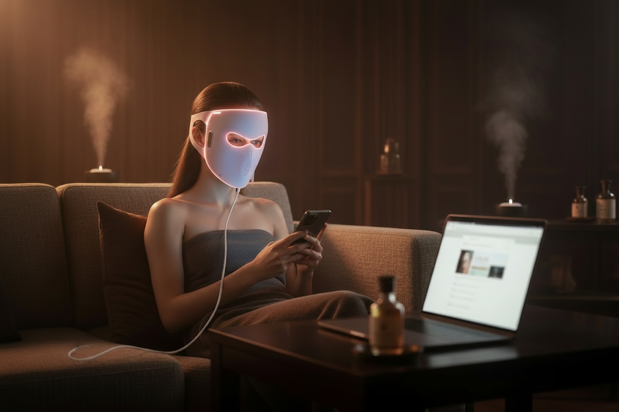 Woman with LED mask and white cable on couch