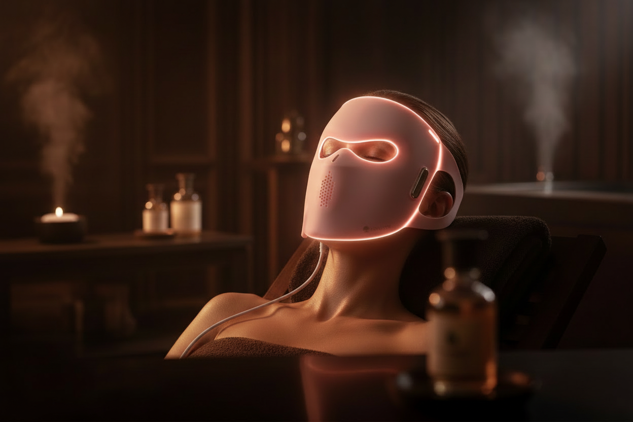 Woman with LED mask and white cable